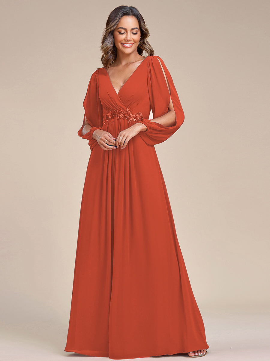 Elegant Long Sleeve A-Line Floor Length Deep V-Neck Evening Dress for Women