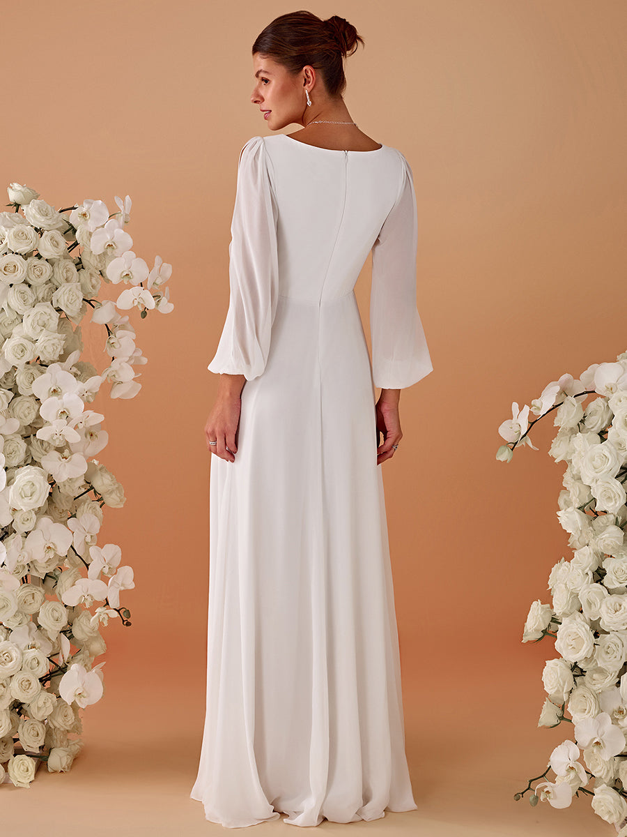 Color=Cream | One Stop Shop Long Sleeve Lantern Sleeve Deep V-Neck A-Line Floor Length Evening Dresses-Cream 32
