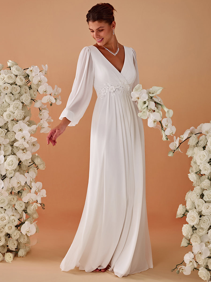 Color=Cream | One Stop Shop Long Sleeve Lantern Sleeve Deep V-Neck A-Line Floor Length Evening Dresses-Cream 34