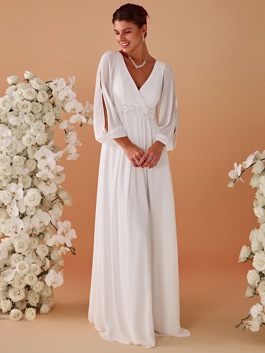 Color=Cream | One Stop Shop Long Sleeve Lantern Sleeve Deep V-Neck A-Line Floor Length Evening Dresses-Cream 35