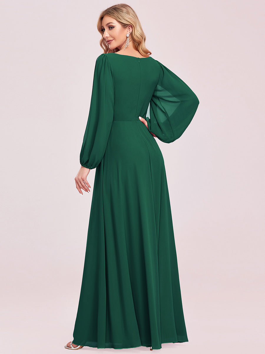 Color=Dark Green | One Stop Shop Long Sleeve Lantern Sleeve Deep V-Neck A-Line Floor Length Evening Dresses-Dark Green 41