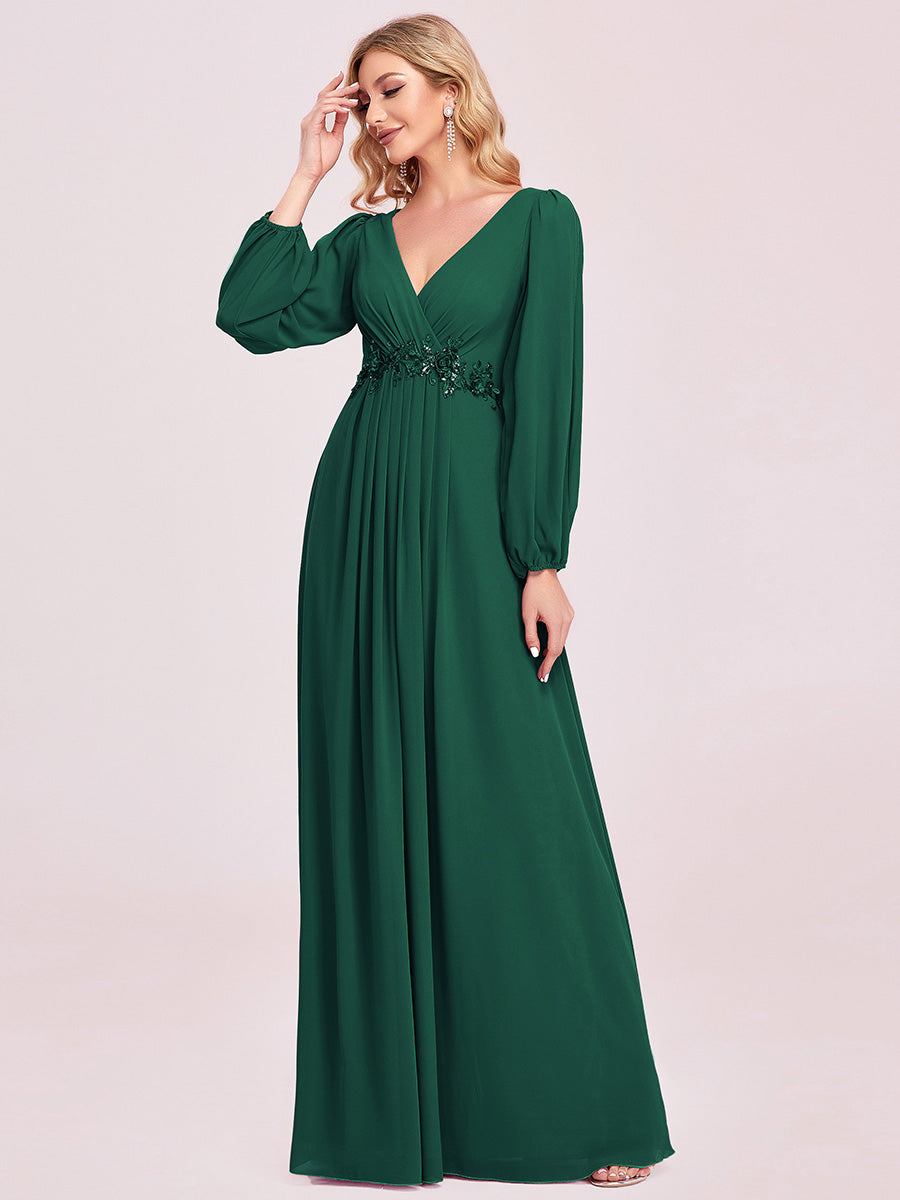 Color=Dark Green | One Stop Shop Long Sleeve Lantern Sleeve Deep V-Neck A-Line Floor Length Evening Dresses-Dark Green 43