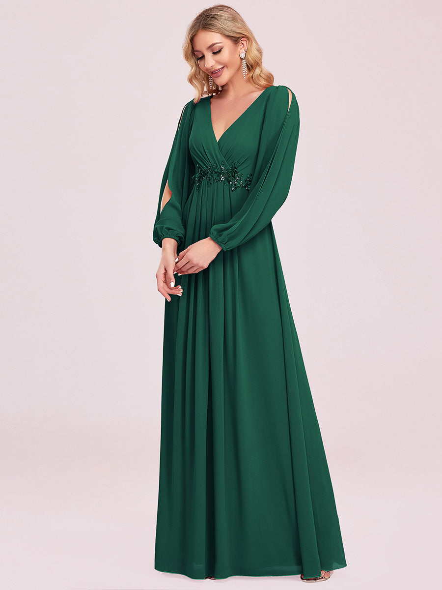 Color=Dark Green | One Stop Shop Long Sleeve Lantern Sleeve Deep V-Neck A-Line Floor Length Evening Dresses-Dark Green 44