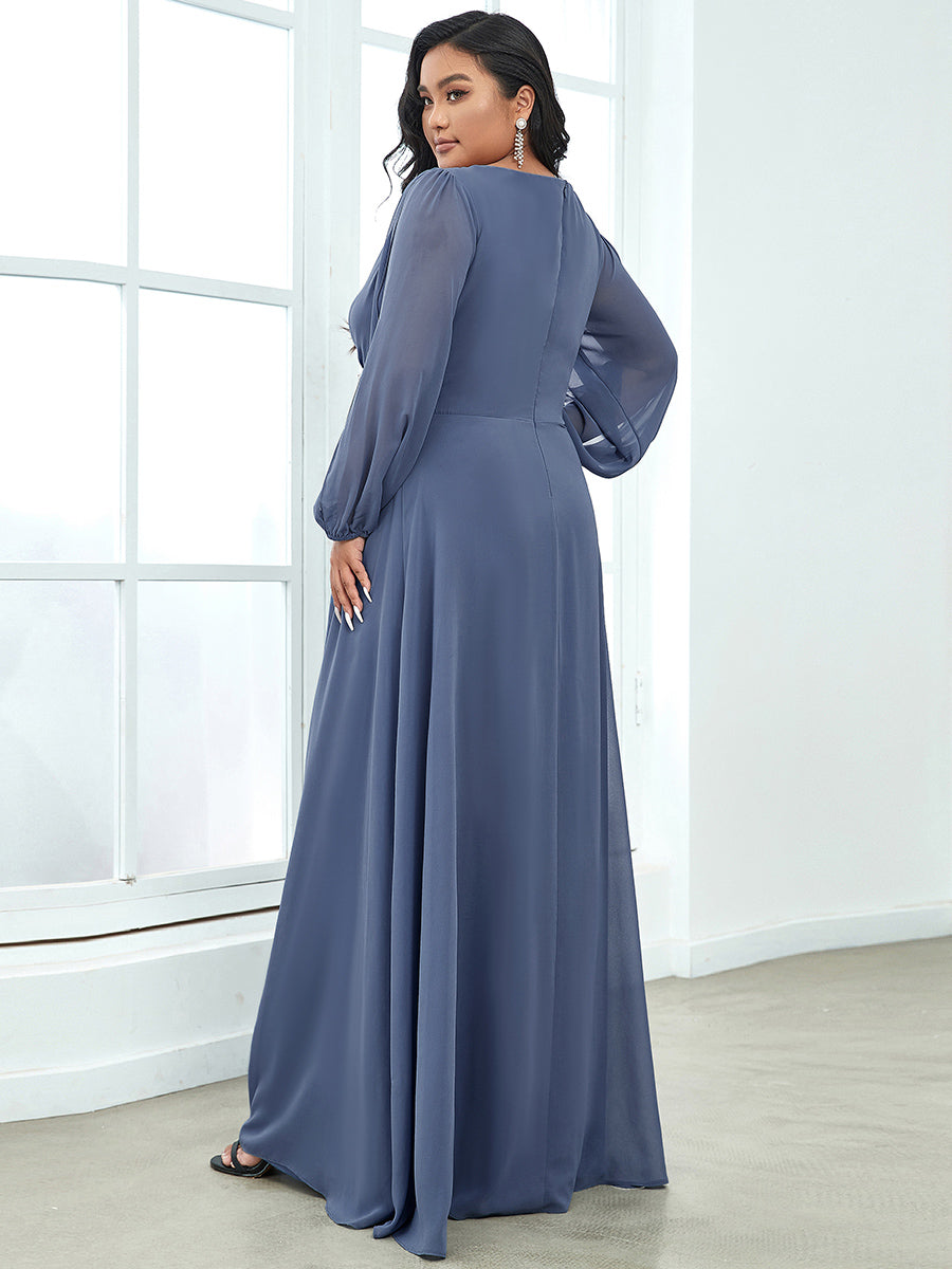 Color=Dusty Blue | One Stop Shop Long Sleeve Lantern Sleeve Deep V-Neck A-Line Floor Length Evening Dresses-Dusty Blue 51