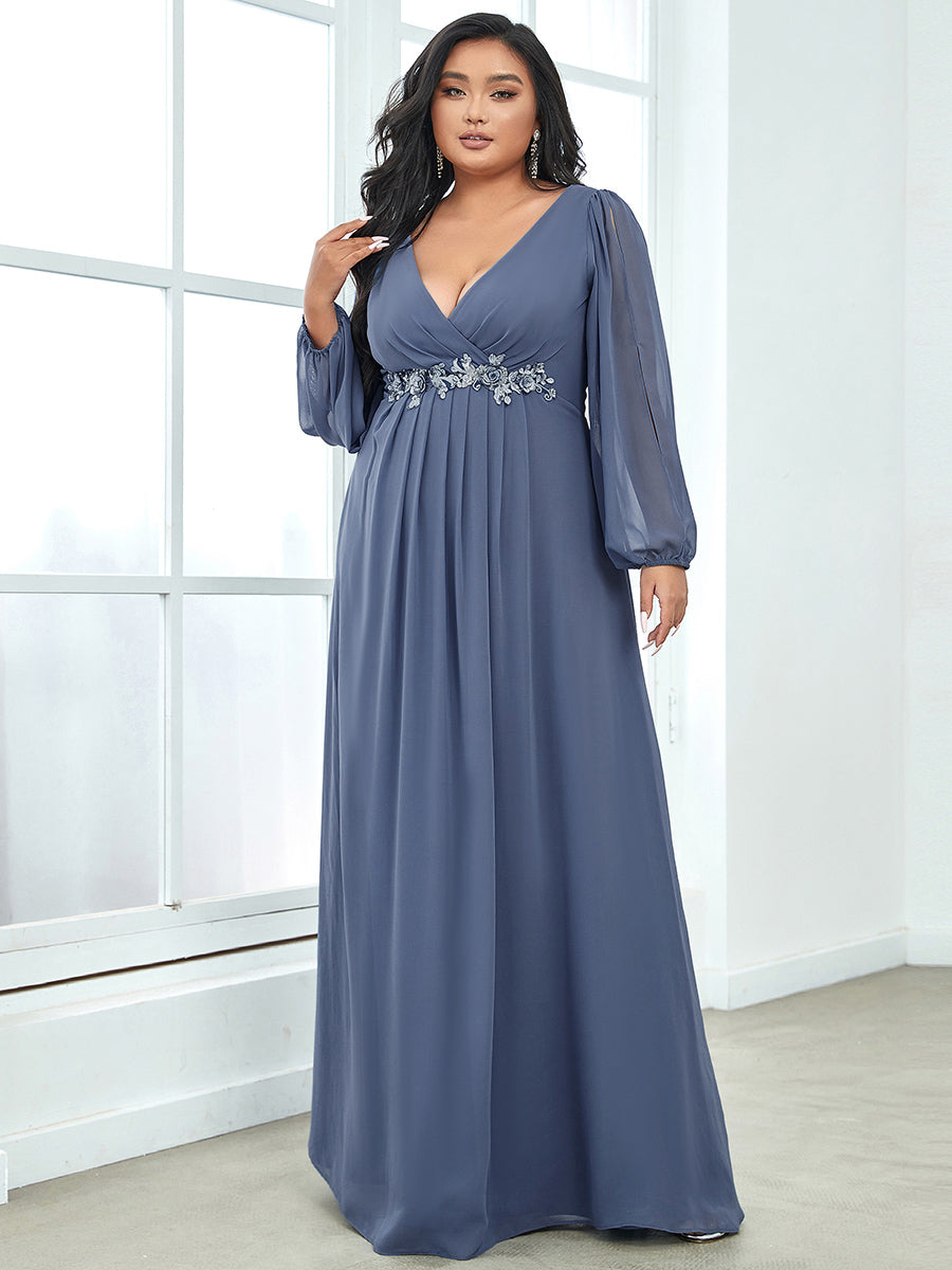 Color=Dusty Blue | One Stop Shop Long Sleeve Lantern Sleeve Deep V-Neck A-Line Floor Length Evening Dresses-Dusty Blue 54