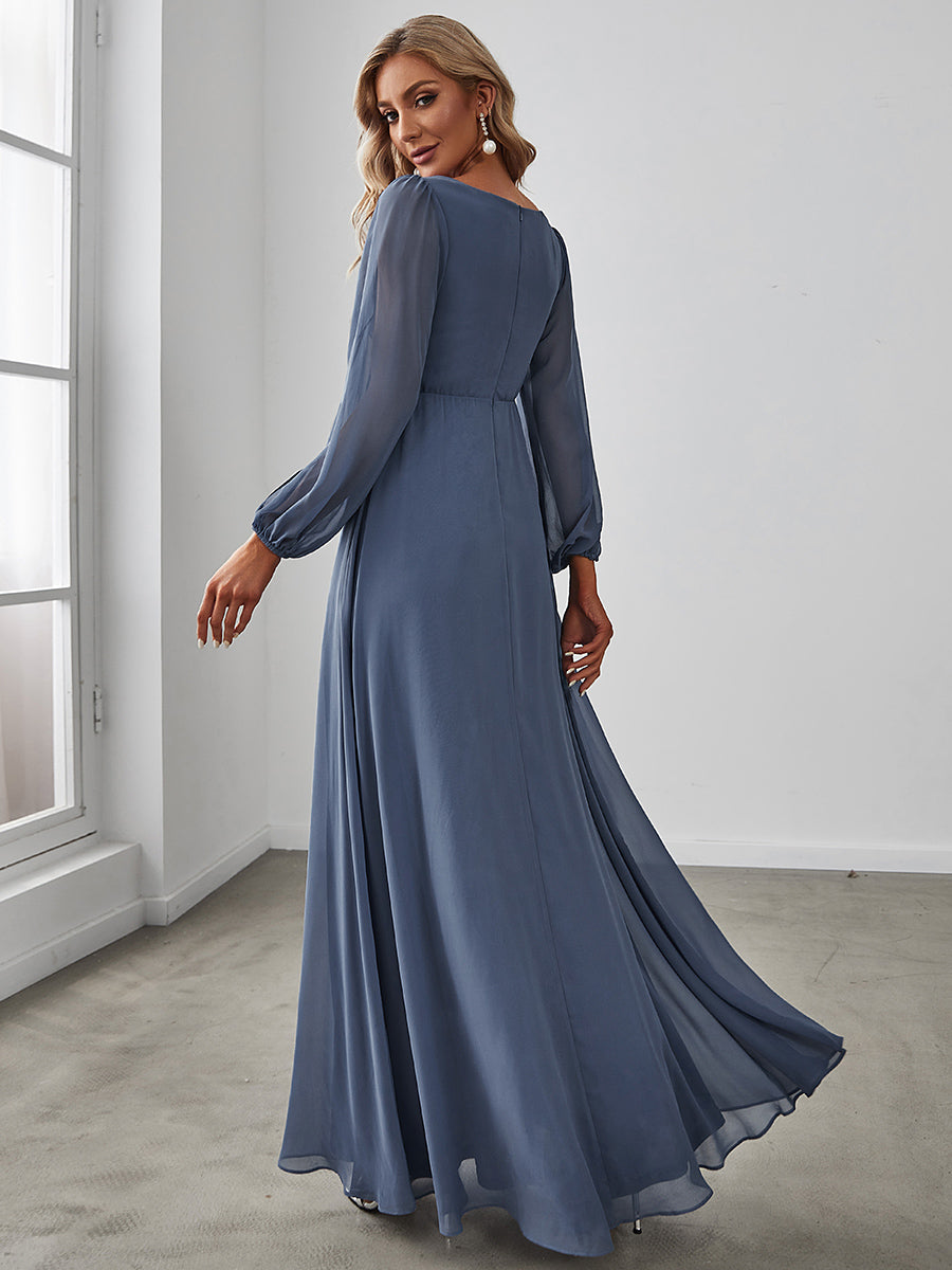 Color=Dusty Blue | One Stop Shop Long Sleeve Lantern Sleeve Deep V-Neck A-Line Floor Length Evening Dresses-Dusty Blue 46