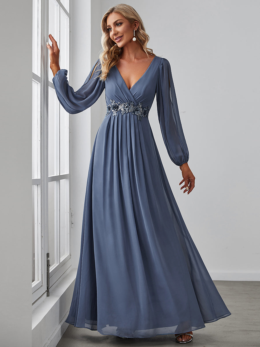 Color=Dusty Blue | One Stop Shop Long Sleeve Lantern Sleeve Deep V-Neck A-Line Floor Length Evening Dresses-Dusty Blue 49