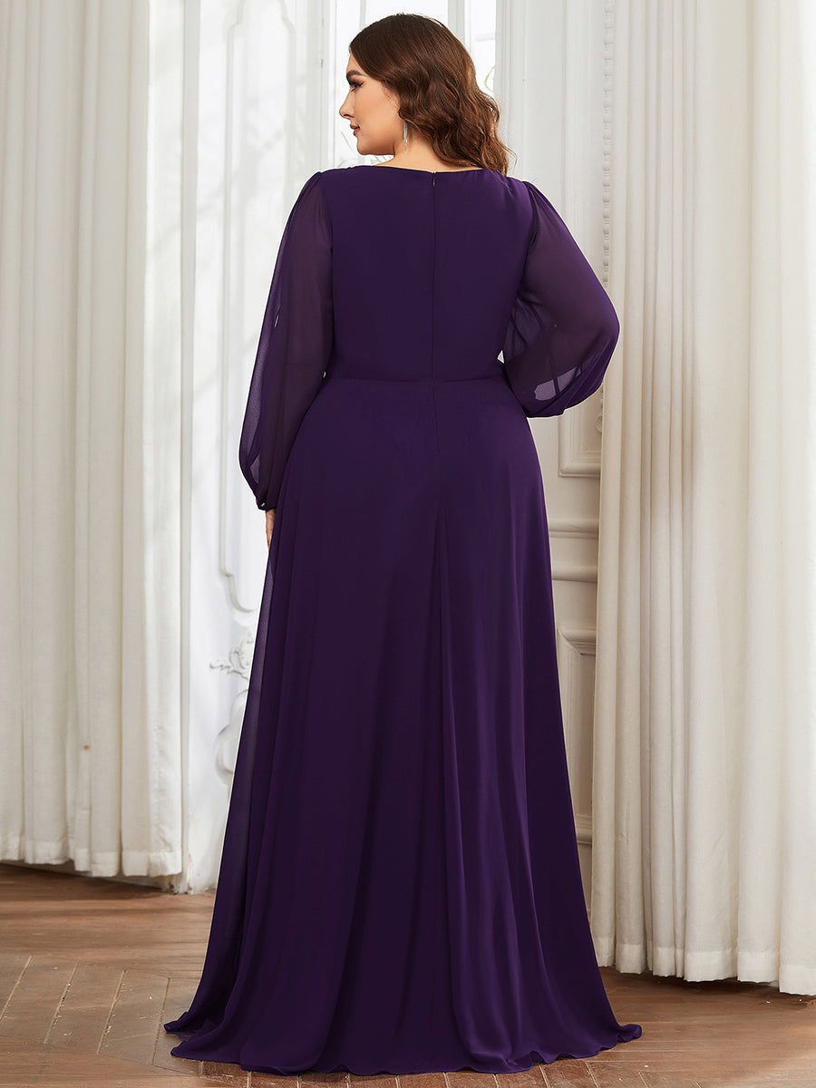 Color=Dark Purple | One Stop Shop Long Sleeve Lantern Sleeve Deep V-Neck A-Line Floor Length Evening Dresses-Dark Purple 7