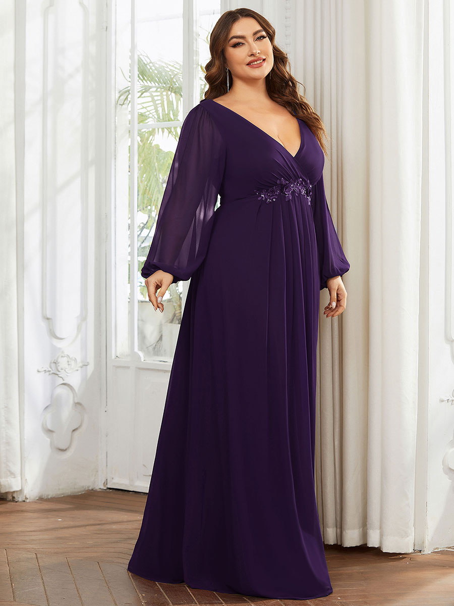 Color=Dark Purple | One Stop Shop Long Sleeve Lantern Sleeve Deep V-Neck A-Line Floor Length Evening Dresses-Dark Purple 10