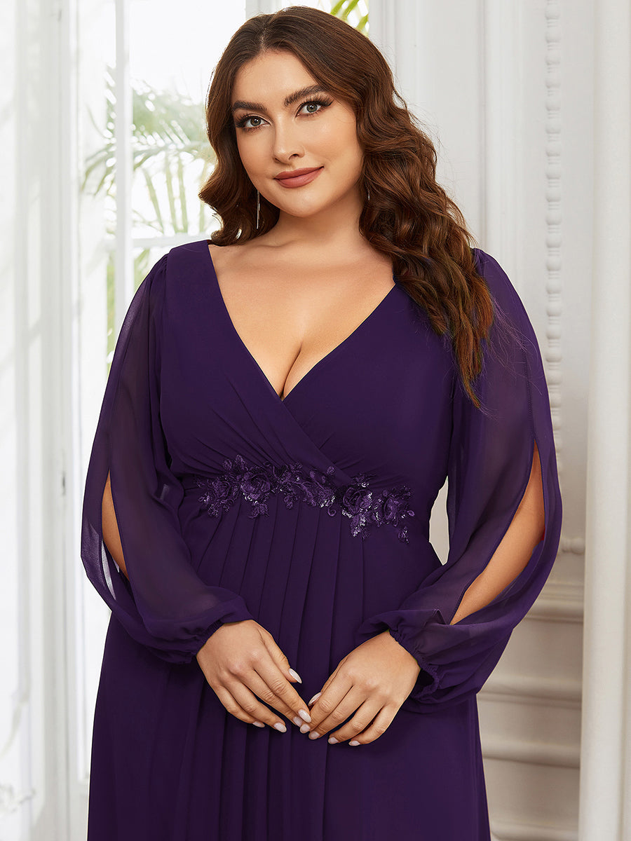 Color=Dark Purple | One Stop Shop Long Sleeve Lantern Sleeve Deep V-Neck A-Line Floor Length Evening Dresses-Dark Purple 8