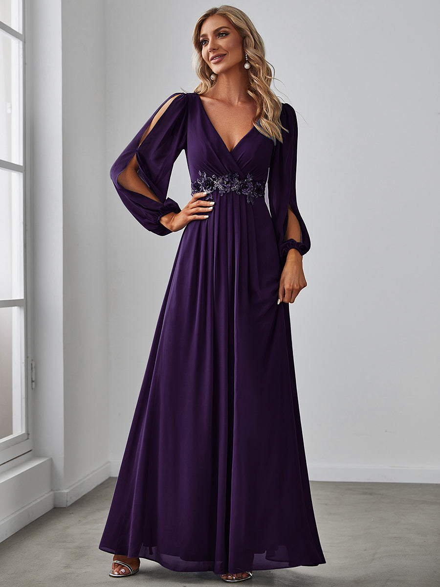 Color=Dark Purple | One Stop Shop Long Sleeve Lantern Sleeve Deep V-Neck A-Line Floor Length Evening Dresses-Dark Purple 4