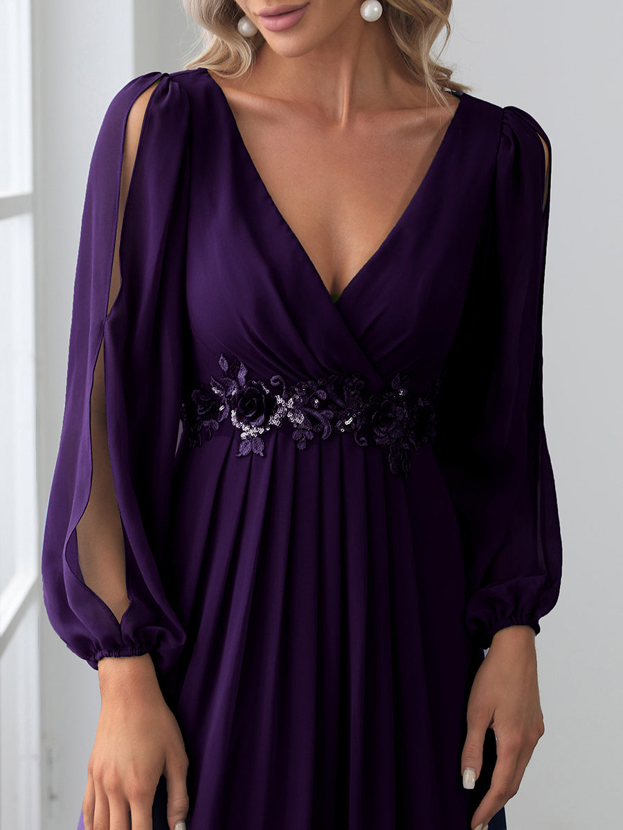 Color=Dark Purple | One Stop Shop Long Sleeve Lantern Sleeve Deep V-Neck A-Line Floor Length Evening Dresses-Dark Purple 3