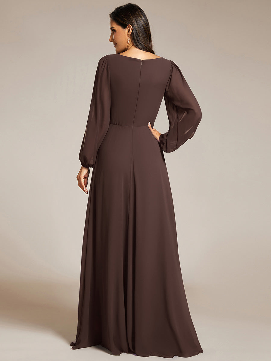 Color=Espresso | One Stop Shop Long Sleeve Lantern Sleeve Deep V-Neck A-Line Floor Length Evening Dresses-Espresso 12