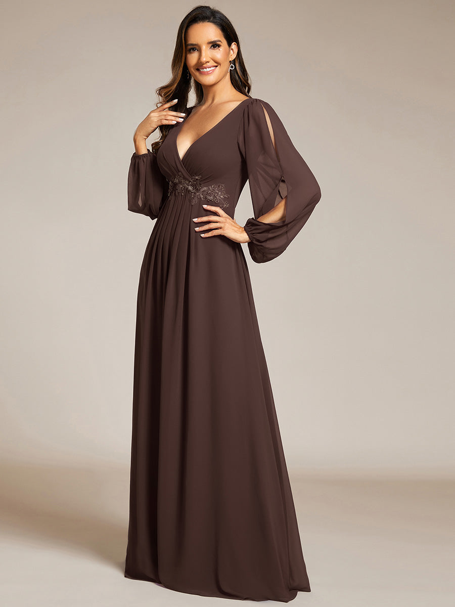 Color=Espresso | One Stop Shop Long Sleeve Lantern Sleeve Deep V-Neck A-Line Floor Length Evening Dresses-Espresso 14
