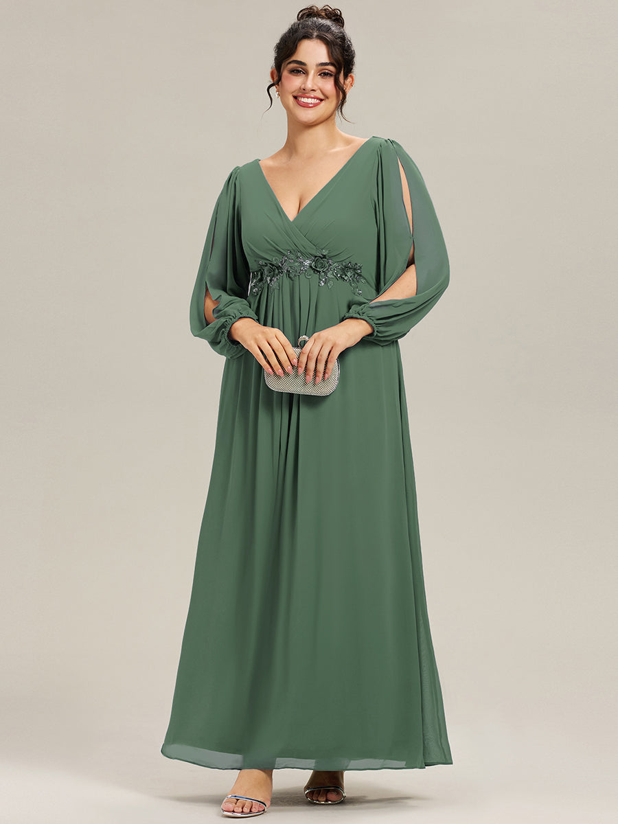 Color=Eucalyptus | One Stop Shop Long Sleeve Lantern Sleeve Deep V-Neck A-Line Floor Length Evening Dresses-Eucalyptus 26