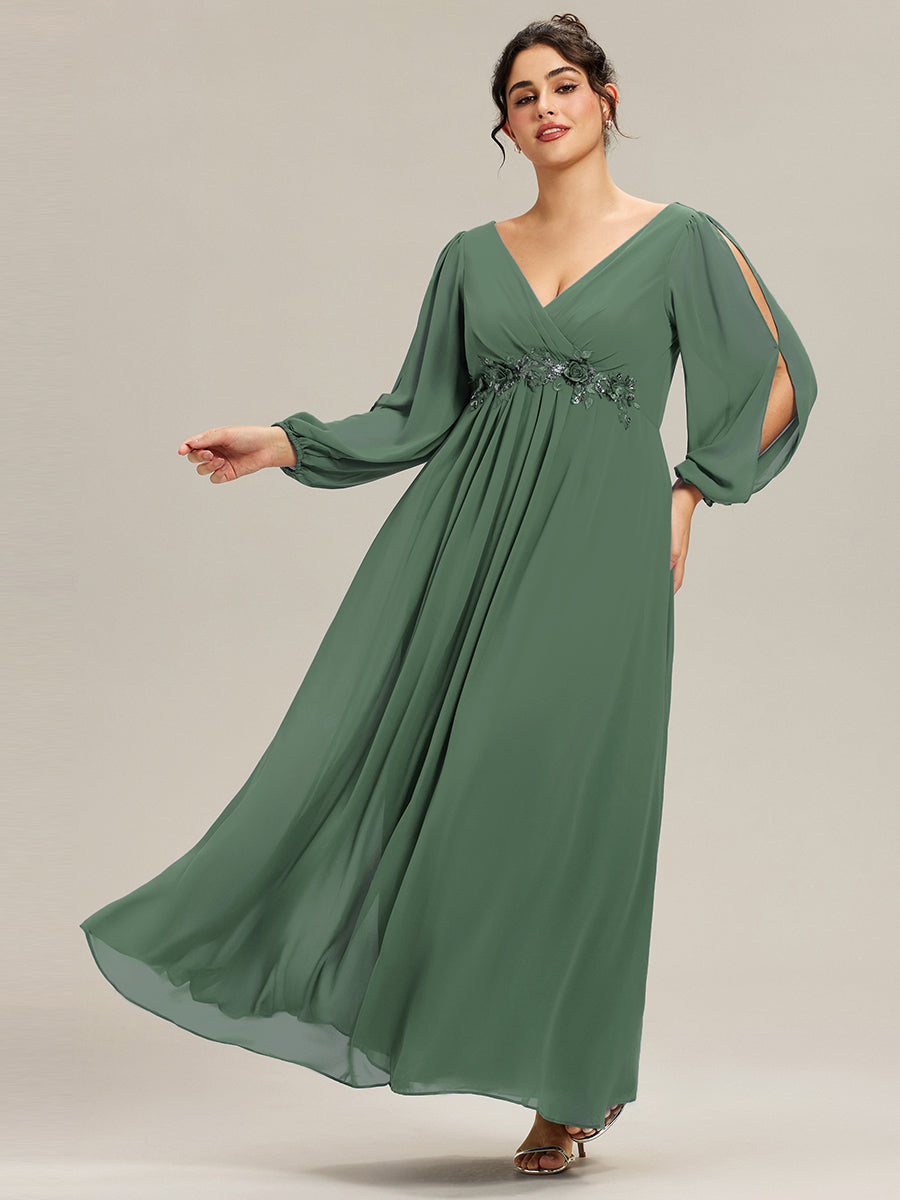 Color=Eucalyptus | One Stop Shop Long Sleeve Lantern Sleeve Deep V-Neck A-Line Floor Length Evening Dresses-Eucalyptus 30