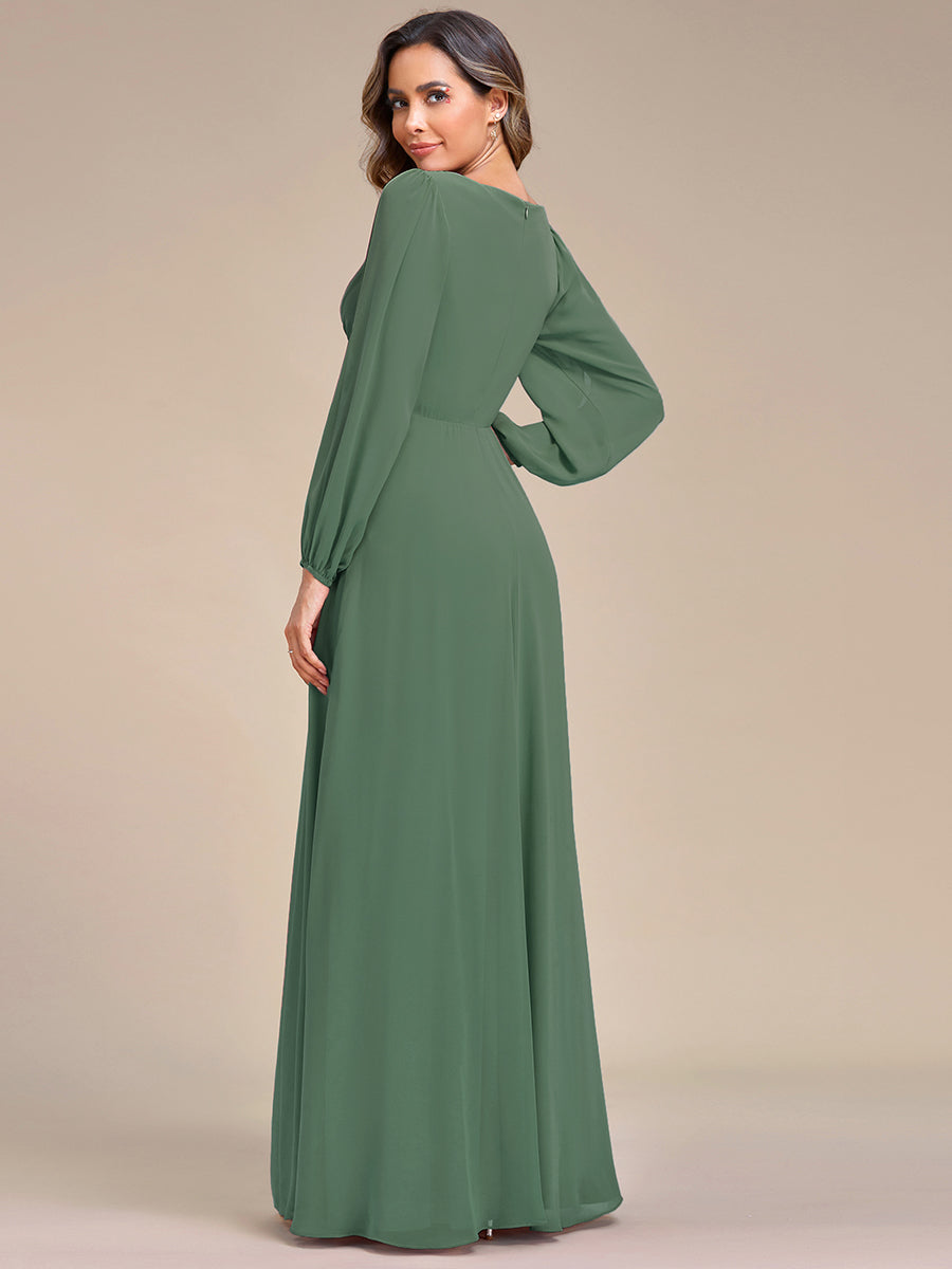 Color=Eucalyptus | One Stop Shop Long Sleeve Lantern Sleeve Deep V-Neck A-Line Floor Length Evening Dresses-Eucalyptus 22