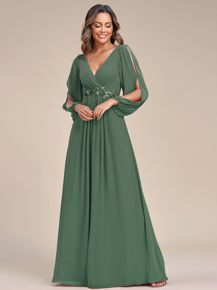 Color=Eucalyptus | One Stop Shop Long Sleeve Lantern Sleeve Deep V-Neck A-Line Floor Length Evening Dresses-Eucalyptus 25