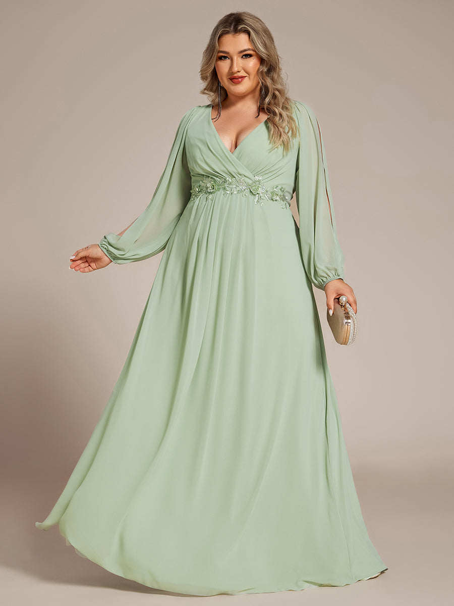 Color=Mint Green | Factory Design Long Sleeve Lantern Sleeve Deep V-Neck A-Line Floor Length Evening Dresses-Mint Green 6