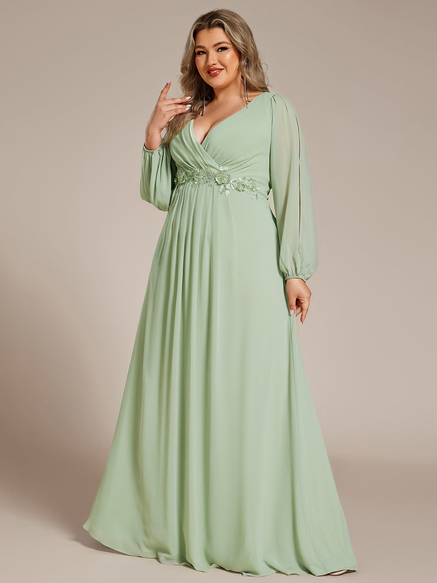 Color=Mint Green | Factory Design Long Sleeve Lantern Sleeve Deep V-Neck A-Line Floor Length Evening Dresses-Mint Green 9