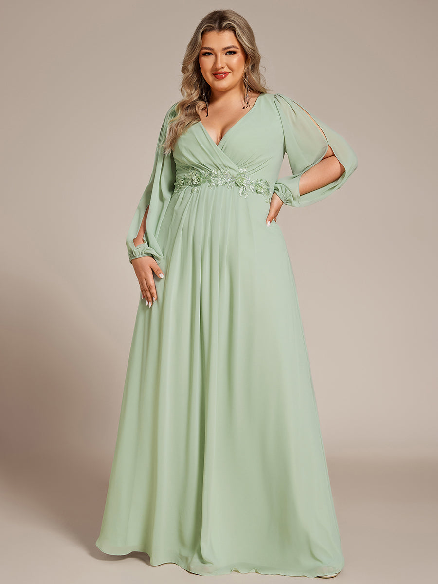 Color=Mint Green | Factory Design Long Sleeve Lantern Sleeve Deep V-Neck A-Line Floor Length Evening Dresses-Mint Green 10