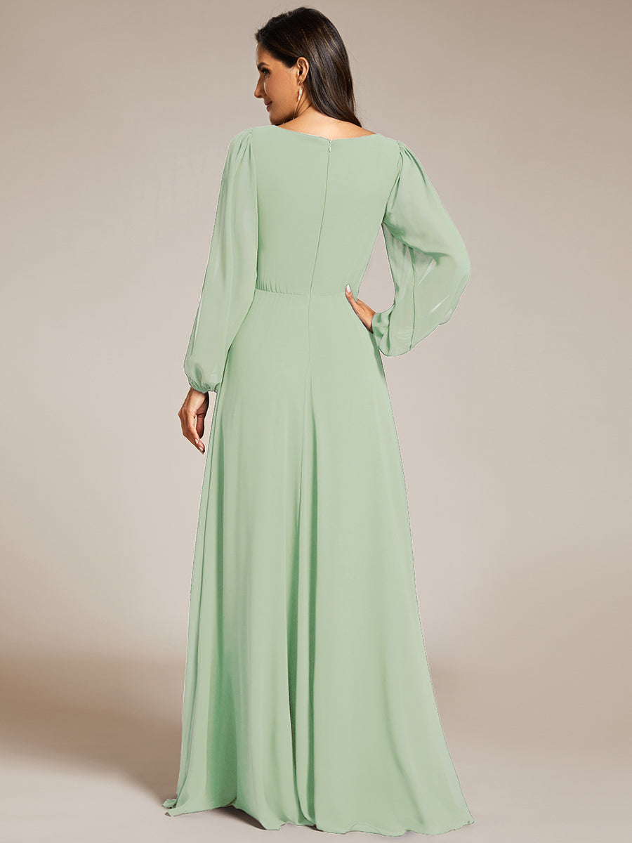 Color=Mint Green | Factory Design Long Sleeve Lantern Sleeve Deep V-Neck A-Line Floor Length Evening Dresses-Mint Green 2