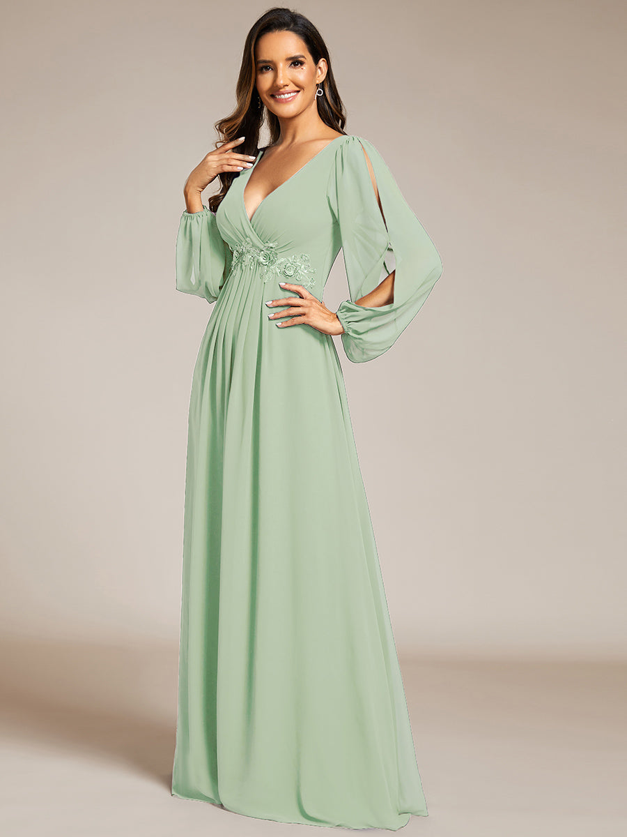 Color=Mint Green | Factory Design Long Sleeve Lantern Sleeve Deep V-Neck A-Line Floor Length Evening Dresses-Mint Green 4