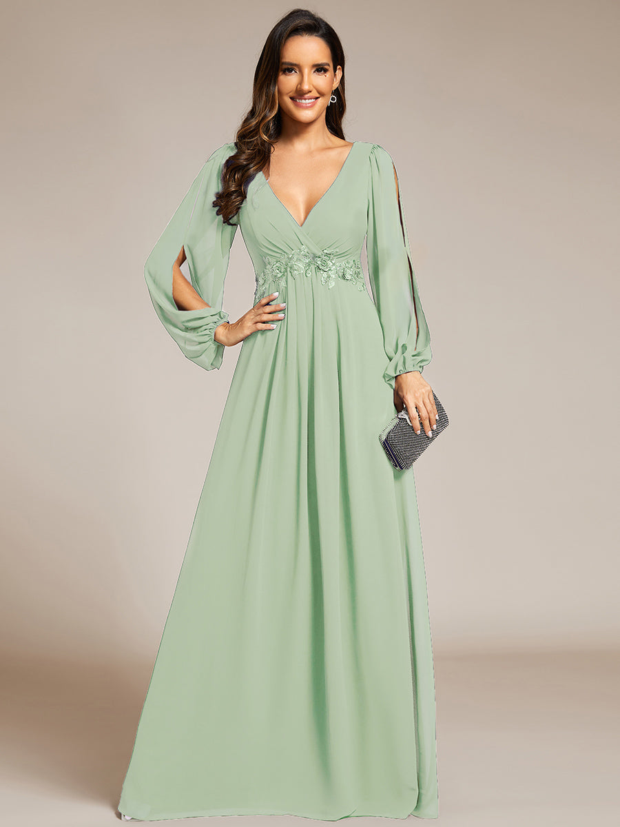 Color=Mint Green | Factory Design Long Sleeve Lantern Sleeve Deep V-Neck A-Line Floor Length Evening Dresses-Mint Green 5