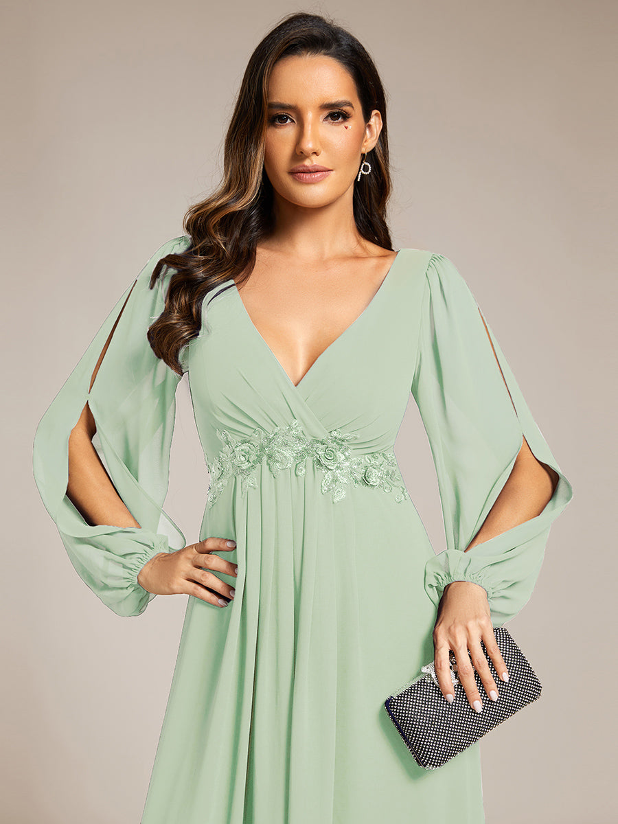 Color=Mint Green | Factory Design Long Sleeve Lantern Sleeve Deep V-Neck A-Line Floor Length Evening Dresses-Mint Green 3