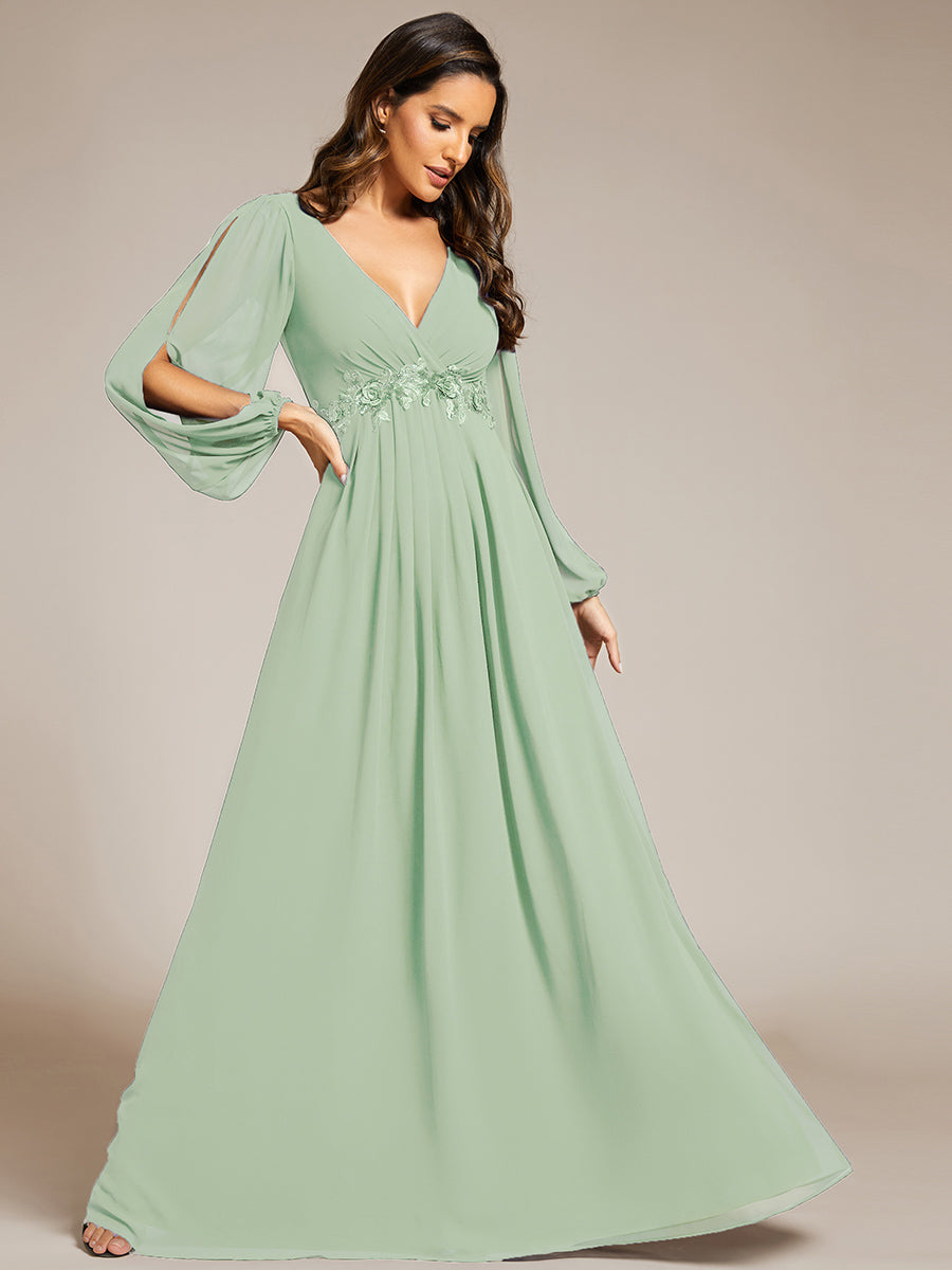 Color=Mint Green | Factory Design Long Sleeve Lantern Sleeve Deep V-Neck A-Line Floor Length Evening Dresses-Mint Green 1
