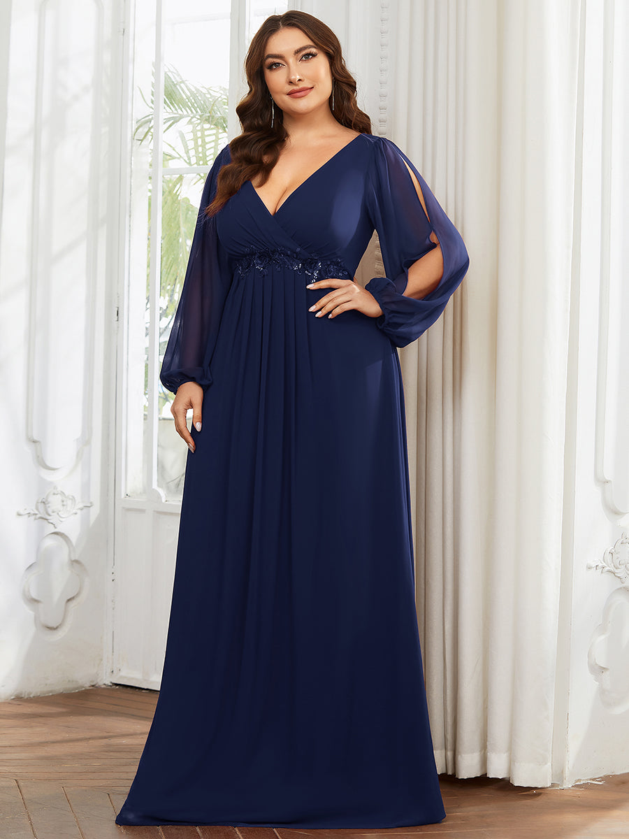 Color=Navy Blue | Factory Design Long Sleeve Lantern Sleeve Deep V-Neck A-Line Floor Length Evening Dresses-Navy Blue 19