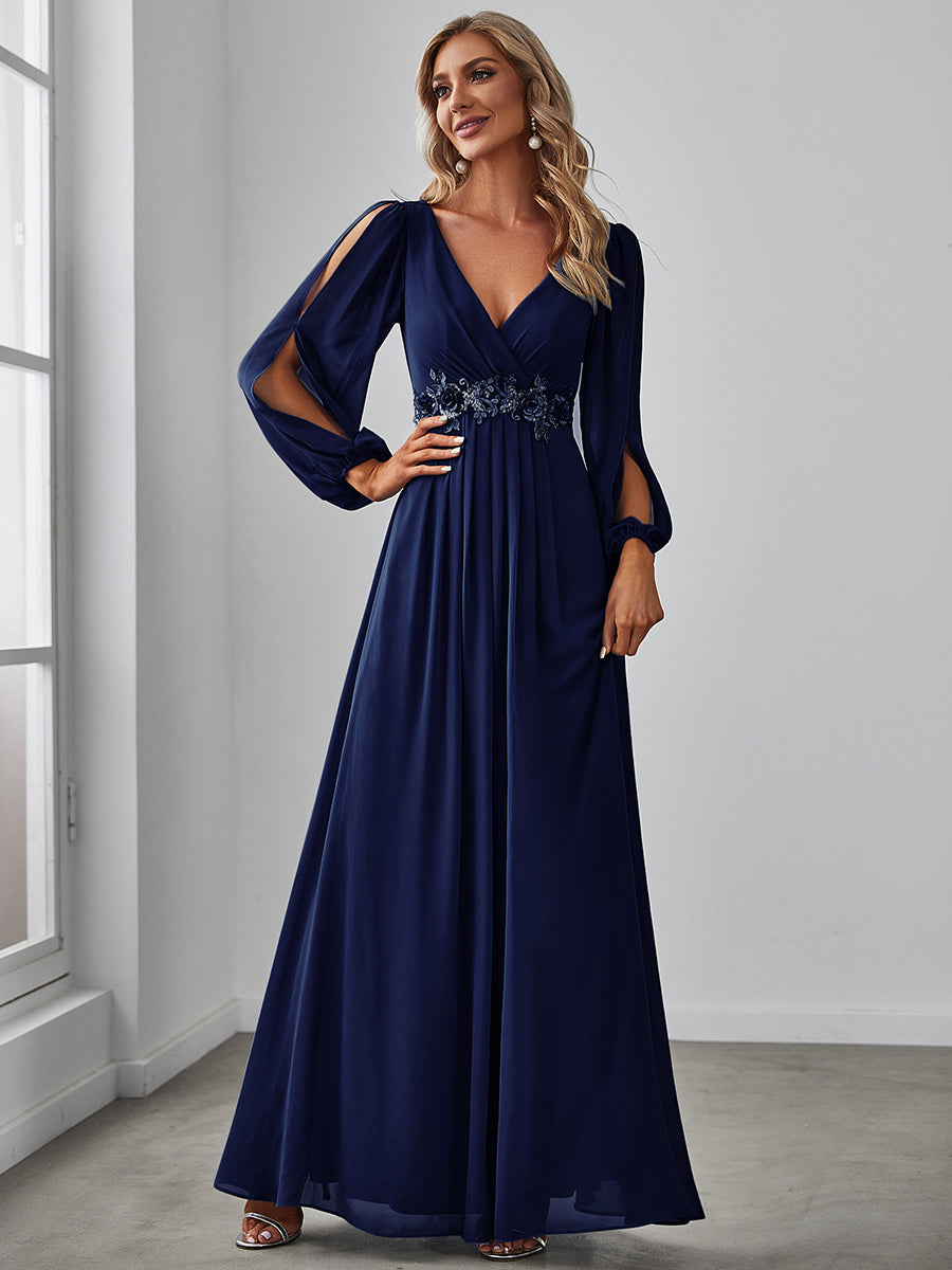 Color=Navy Blue | Factory Design Long Sleeve Lantern Sleeve Deep V-Neck A-Line Floor Length Evening Dresses-Navy Blue 14