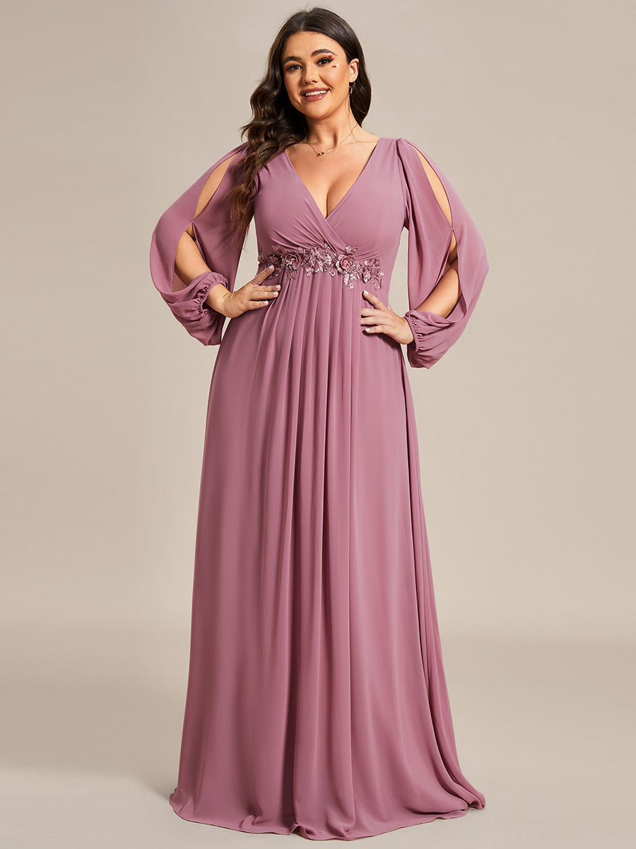 Color=Purple Orchid | Factory Design Long Sleeve Lantern Sleeve Deep V-Neck A-Line Floor Length Evening Dresses-Purple Orchid 26
