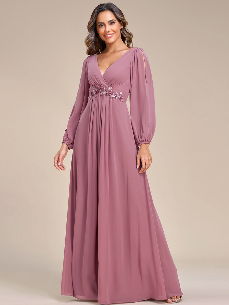 Factory Design Long Sleeve A-Line Floor Length Deep V-Neck Evening Dresses