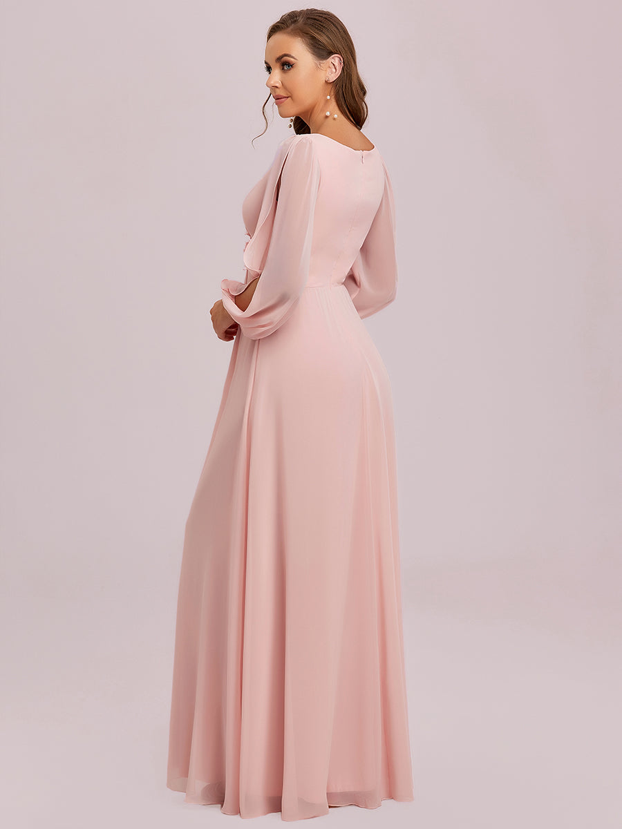 Color=Pink | Factory Design Long Sleeve Lantern Sleeve Deep V-Neck A-Line Floor Length Evening Dresses-Pink 31