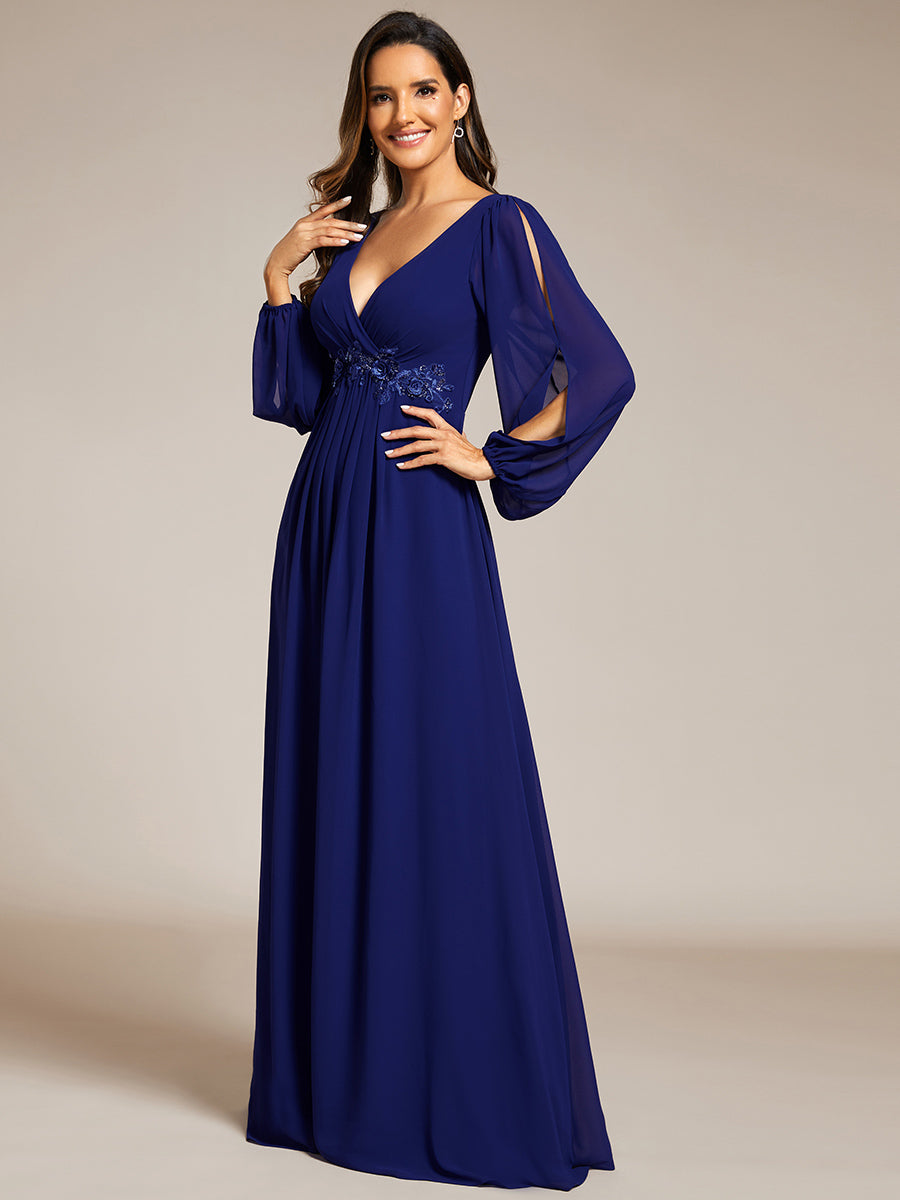 Color=Royal Blue | Factory Design Long Sleeve Lantern Sleeve Deep V-Neck A-Line Floor Length Evening Dresses-Royal Blue 37