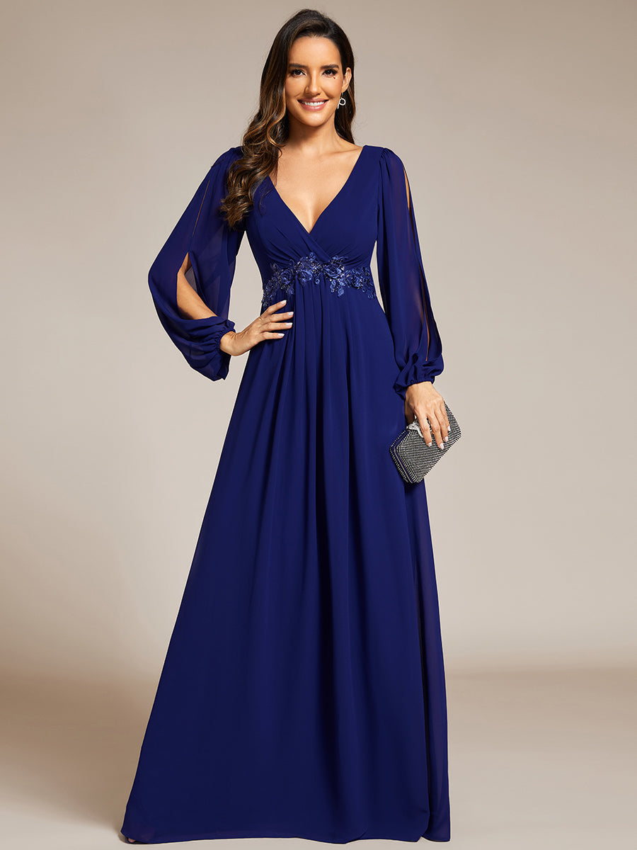 Color=Royal Blue | Factory Design Long Sleeve Lantern Sleeve Deep V-Neck A-Line Floor Length Evening Dresses-Royal Blue 38