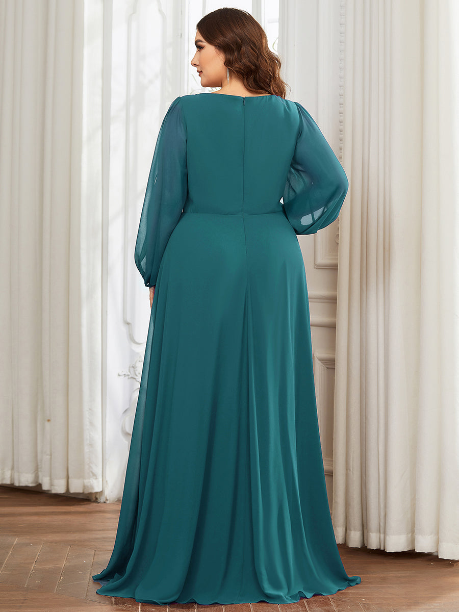 Color=Teal | Factory Design Long Sleeve Lantern Sleeve Deep V-Neck A-Line Floor Length Evening Dresses-Teal 50