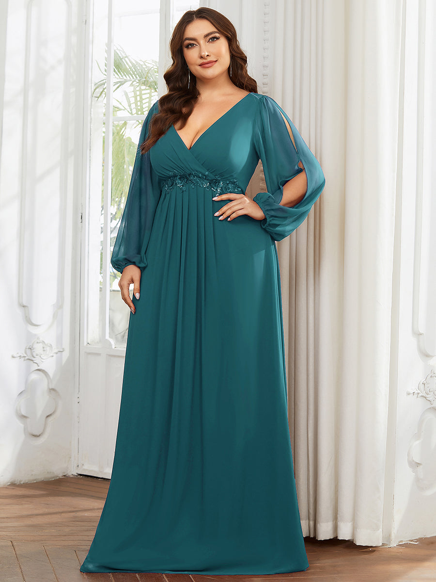 Color=Teal | Factory Design Long Sleeve Lantern Sleeve Deep V-Neck A-Line Floor Length Evening Dresses-Teal 52