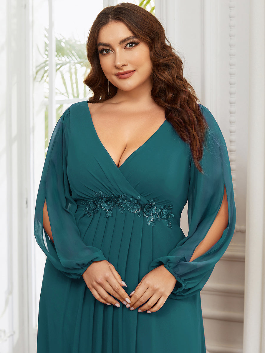 Color=Teal | Factory Design Long Sleeve Lantern Sleeve Deep V-Neck A-Line Floor Length Evening Dresses-Teal 51