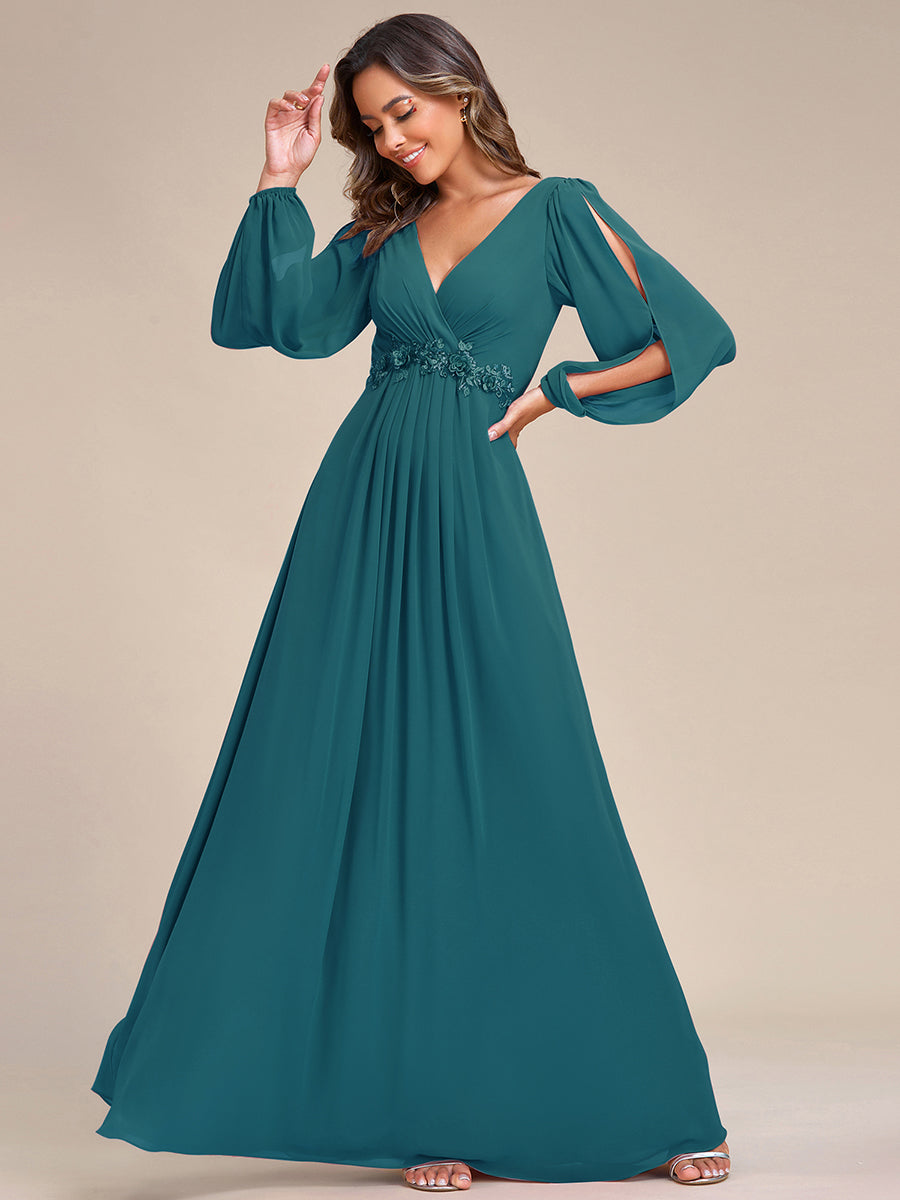 Color=Teal | Factory Design Long Sleeve Lantern Sleeve Deep V-Neck A-Line Floor Length Evening Dresses-Teal 47