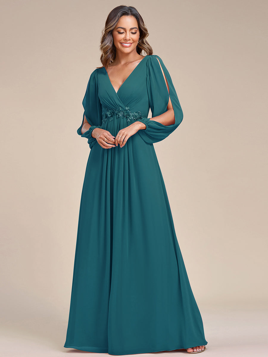 Color=Teal | Factory Design Long Sleeve Lantern Sleeve Deep V-Neck A-Line Floor Length Evening Dresses-Teal 48