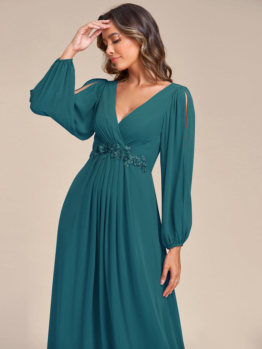 Color=Teal | Factory Design Long Sleeve Lantern Sleeve Deep V-Neck A-Line Floor Length Evening Dresses-Teal 46