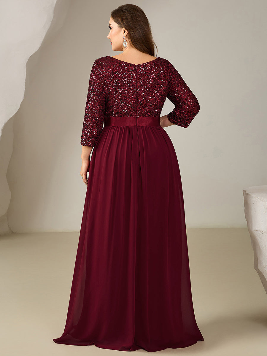 Color=Burgundy | Bulk Order Plus Size 3/4 Sleeve Sequin Patchwork A-Line Floor Length Evening Dresses-Burgundy 2