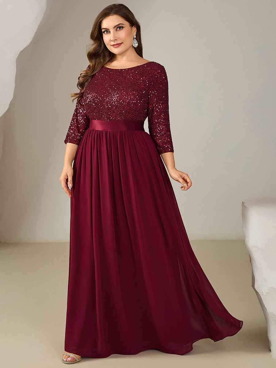 Color=Burgundy | Bulk Order Plus Size 3/4 Sleeve Sequin Patchwork A-Line Floor Length Evening Dresses-Burgundy 1
