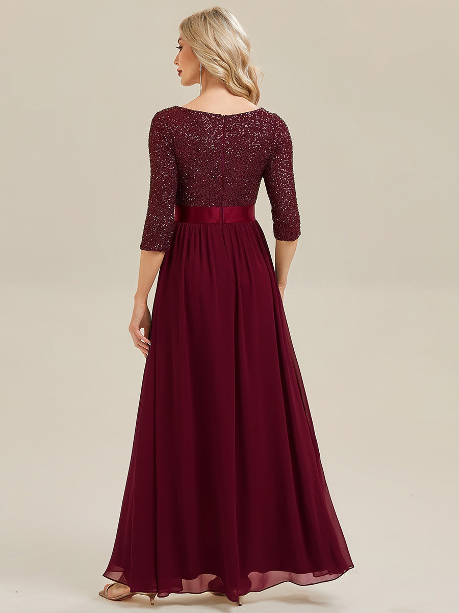 Color=Burgundy | B2B-Exclusive 3/4 Sleeve Sequin Patchwork A-Line Floor Length Evening Dresses-Burgundy 2