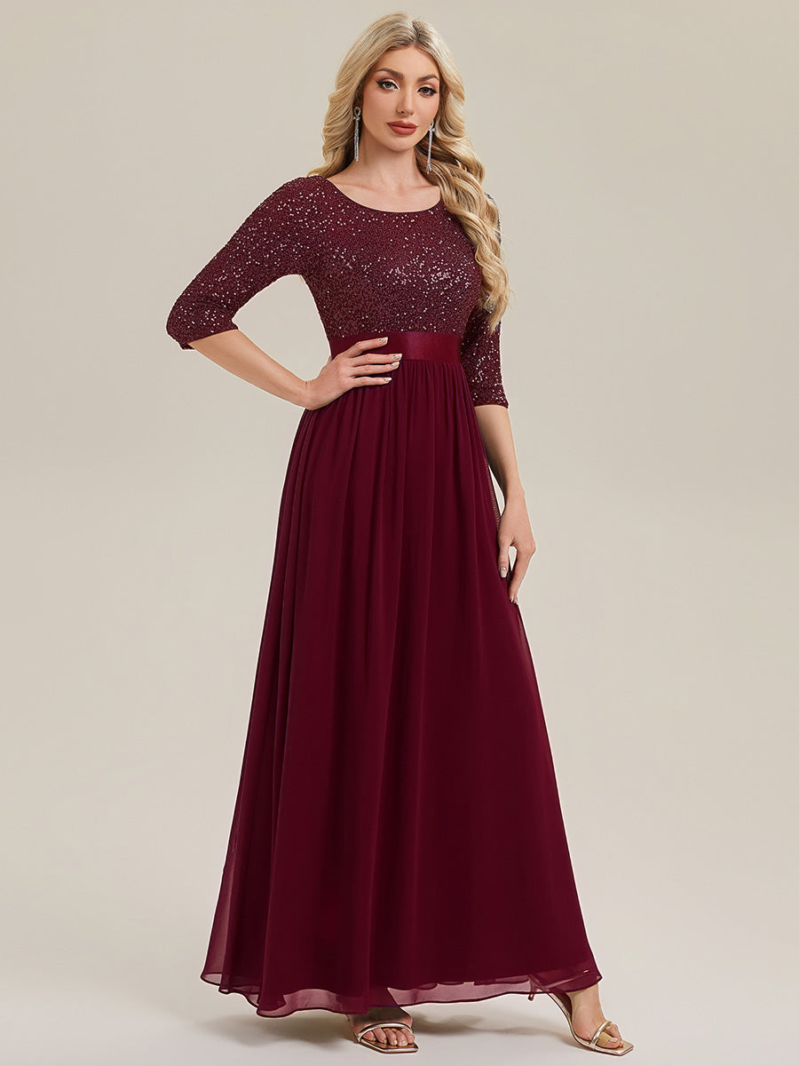 Color=Burgundy | B2B-Exclusive 3/4 Sleeve Sequin Patchwork A-Line Floor Length Evening Dresses-Burgundy 4