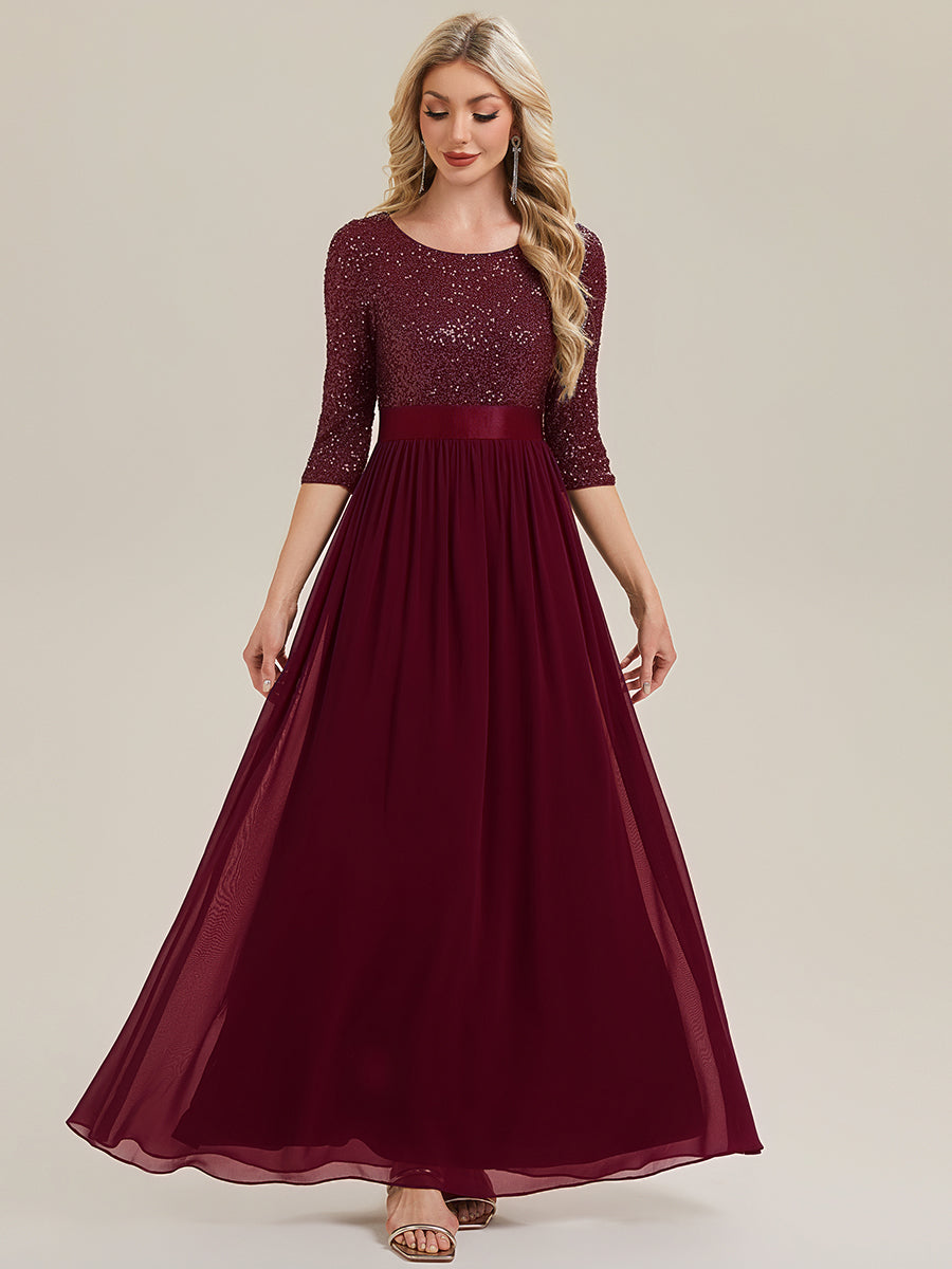 Color=Burgundy | B2B-Exclusive 3/4 Sleeve Sequin Patchwork A-Line Floor Length Evening Dresses-Burgundy 5