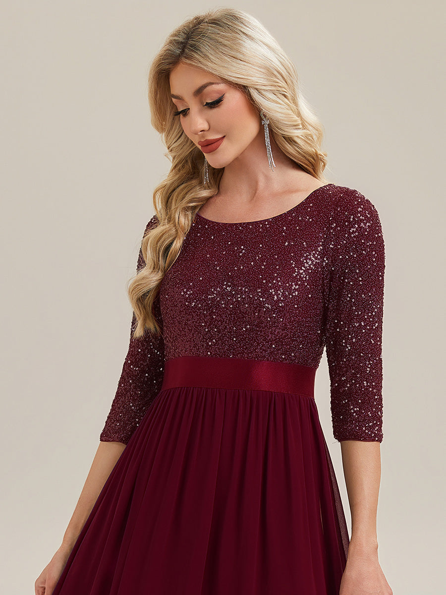 Color=Burgundy | B2B-Exclusive 3/4 Sleeve Sequin Patchwork A-Line Floor Length Evening Dresses-Burgundy 3
