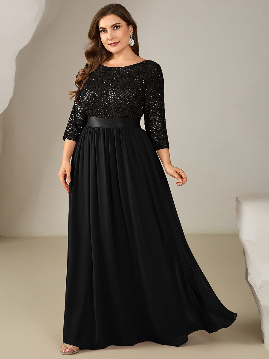 Color=Black | Bulk Order Plus Size 3/4 Sleeve Sequin Patchwork A-Line Floor Length Evening Dresses-Black 6